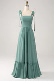 Eucalyptus A Line Spaghetti Straps Pleated Floor Length Bridesmaid Dress