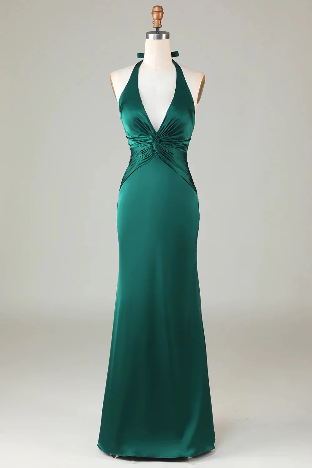 Blushing Pink Mermaid Halter V Neck Open Back Satin Ruched Long Bridesmaid Dress