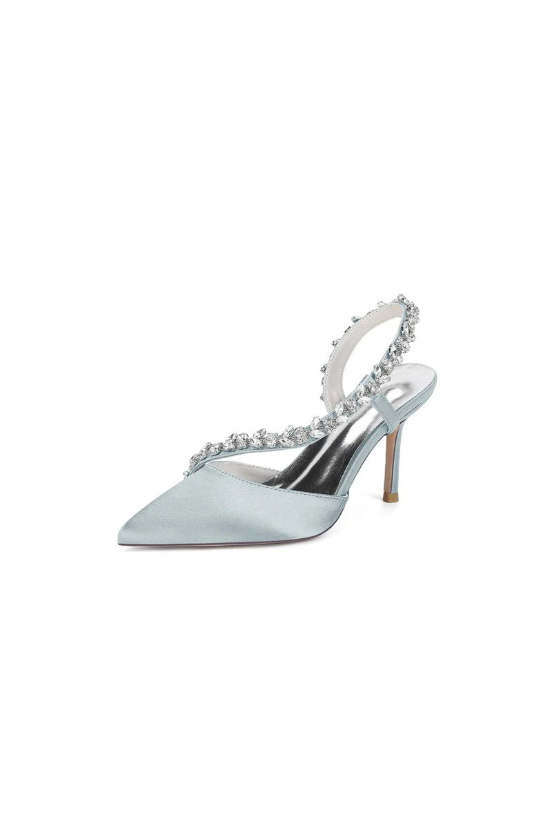 White Satin High Heels with Crystal Embellishments