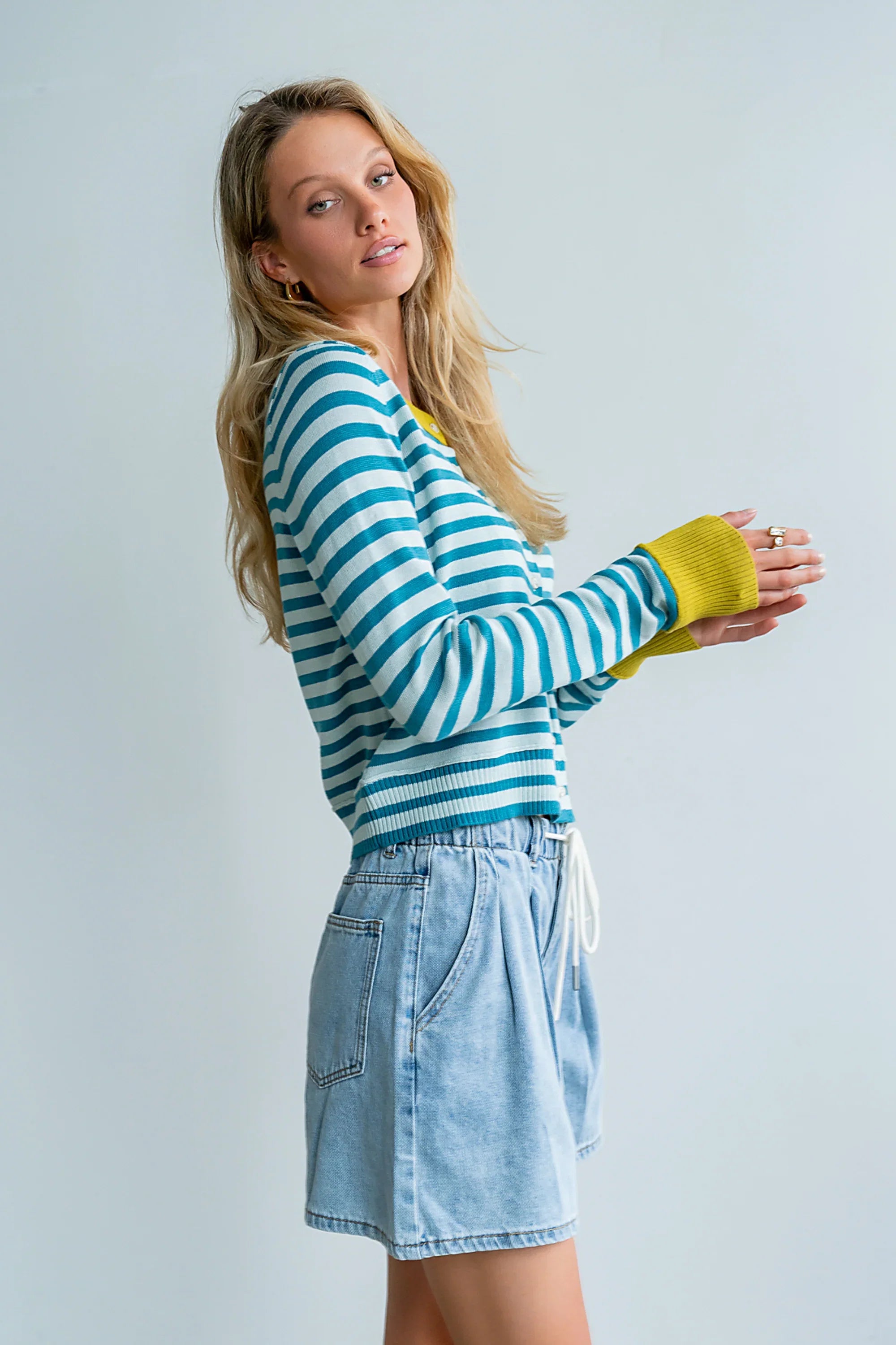 Kailey Striped Cardigan in Teal