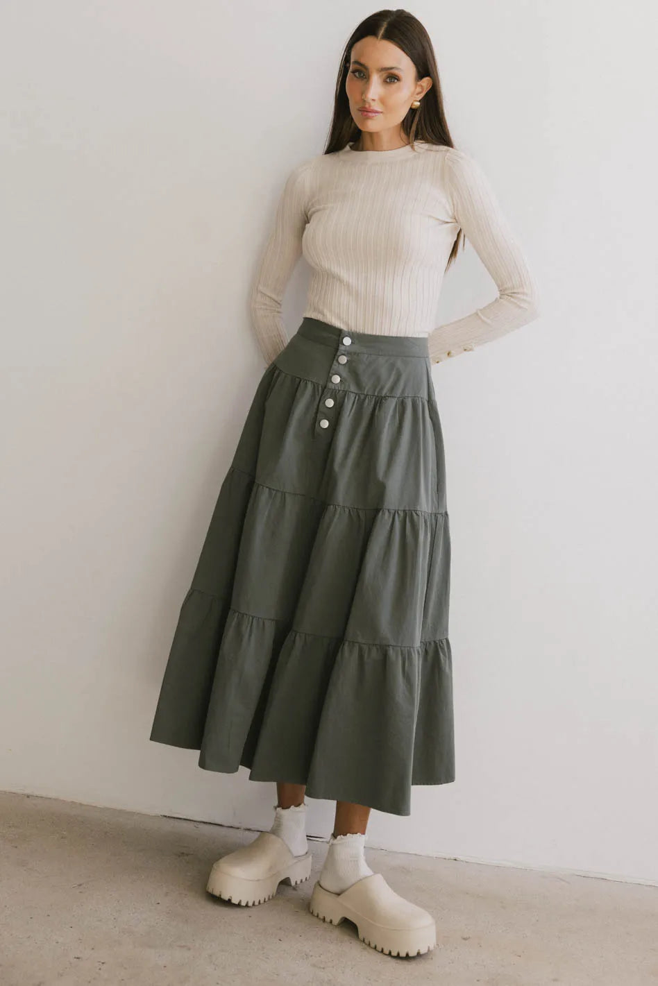 Luna Tiered Maxi Skirt in Sage FINAL SALE