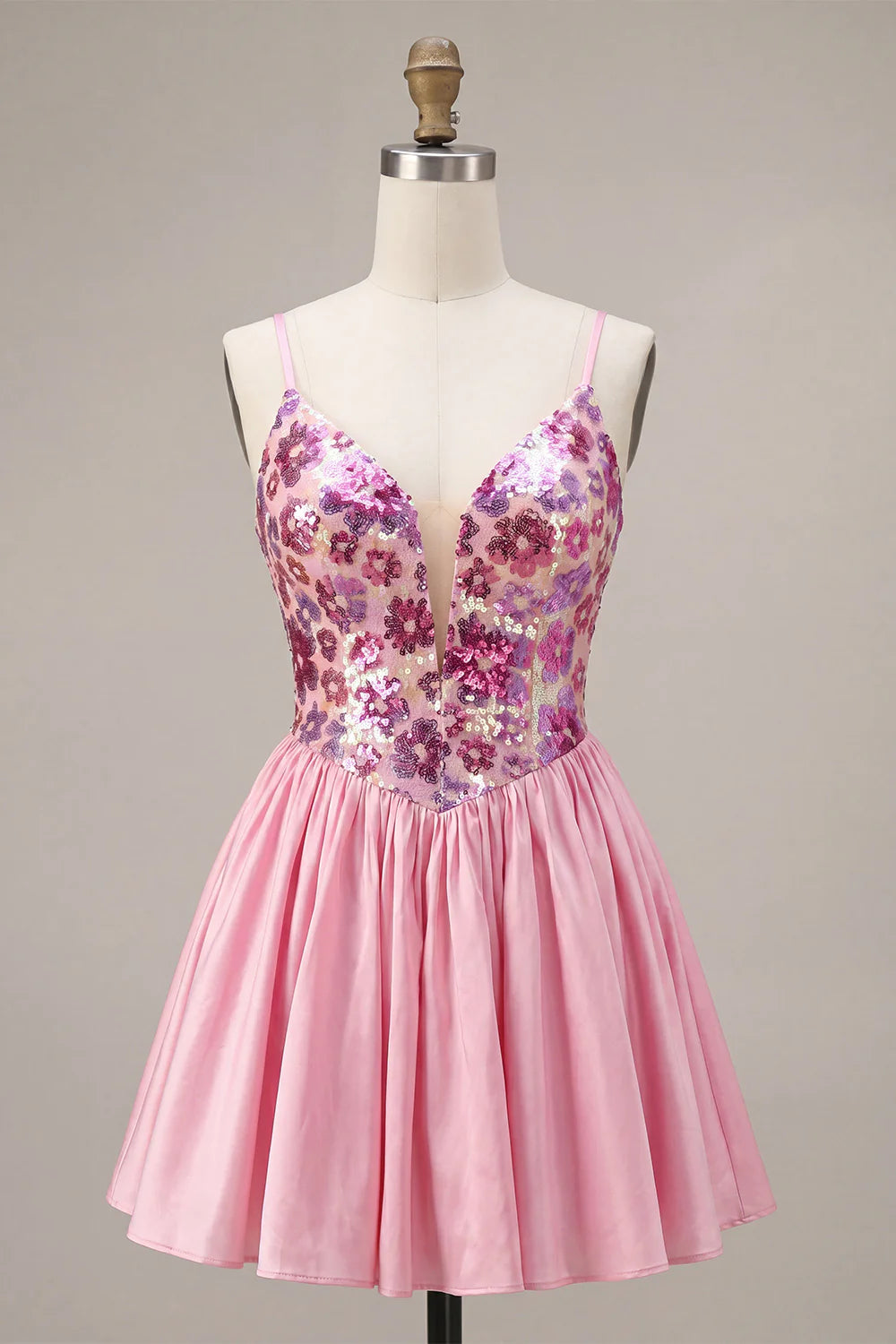 Pink Floral A Line Sequin Short Homecoming Dress
