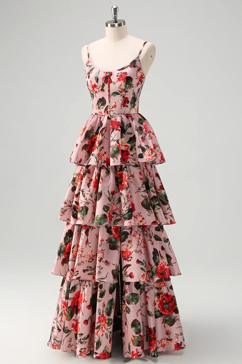 Floral Grey Pink A Line Spaghetti Straps Tiered Corset Prom Dress with Slit