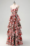 Floral Grey Pink A Line Spaghetti Straps Tiered Corset Prom Dress with Slit