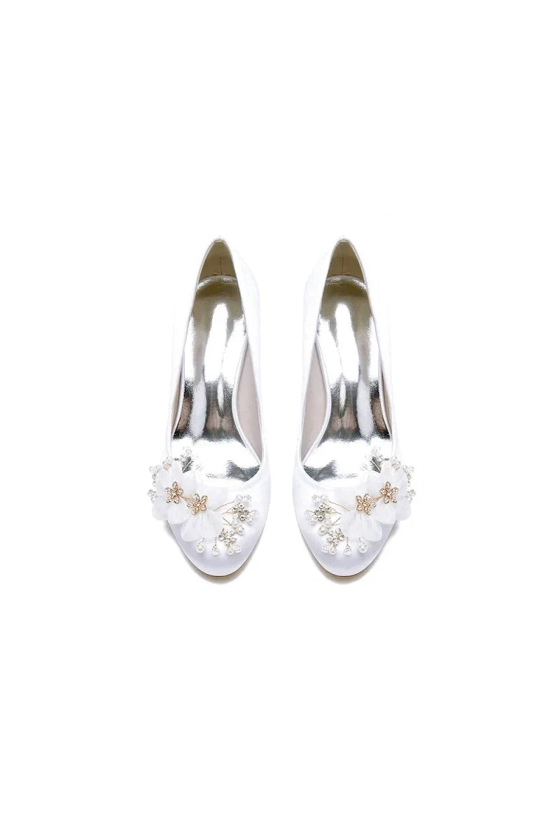 Rhinestone White Chunky Heels with Flower