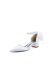 Pointed Toe Satin Pearl Ankle Strap Block Heels With Ribbon Tie