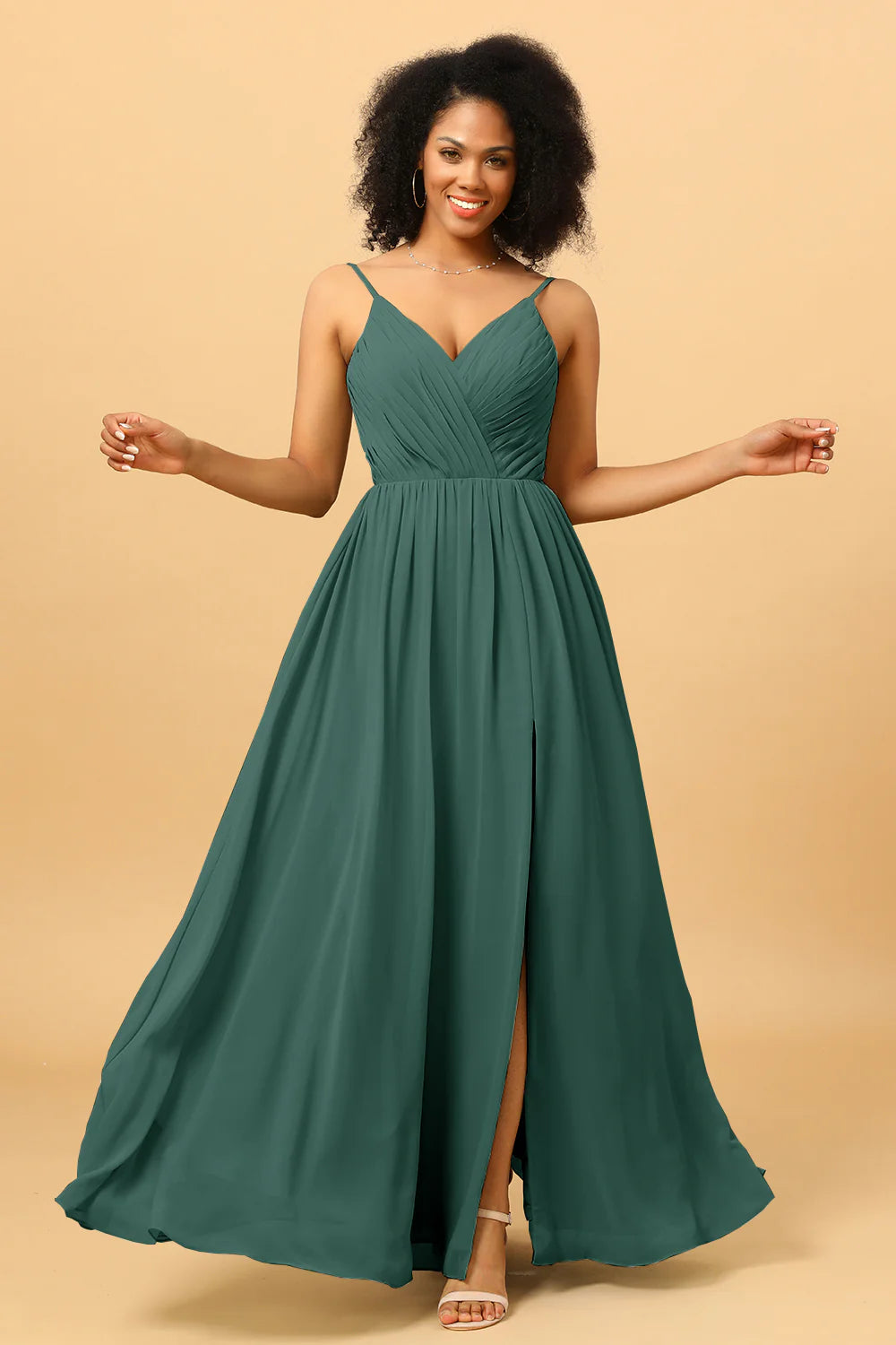 Ruched Long Floor Length Chiffon Bridesmaid Dress with Slit