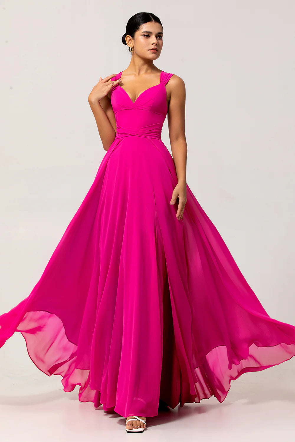 Fuchsia A Line Backless Long Convertible Chiffon Dress with Slit