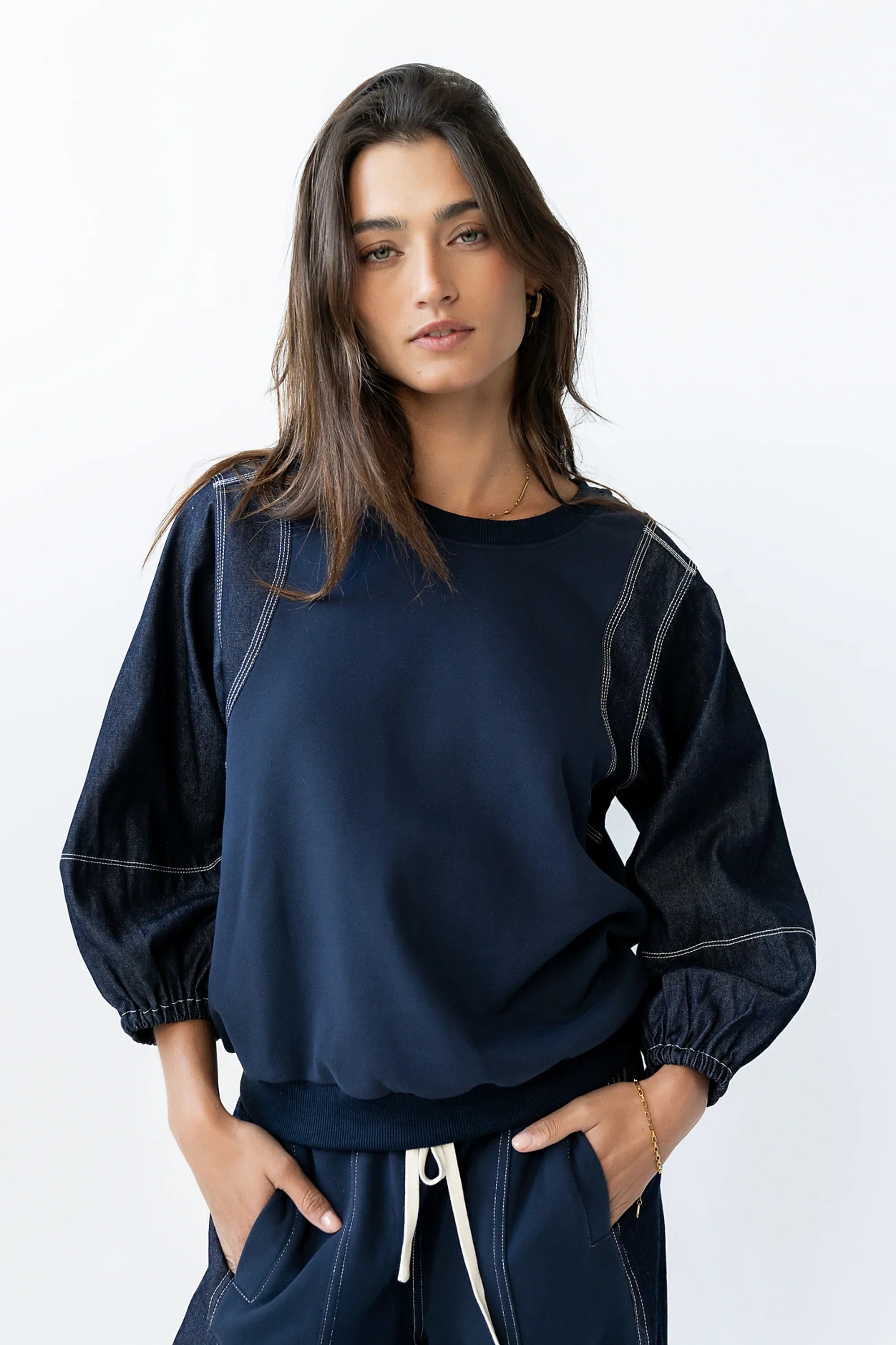 Malinda Mixed Media Top in Dark Wash FINAL SALE