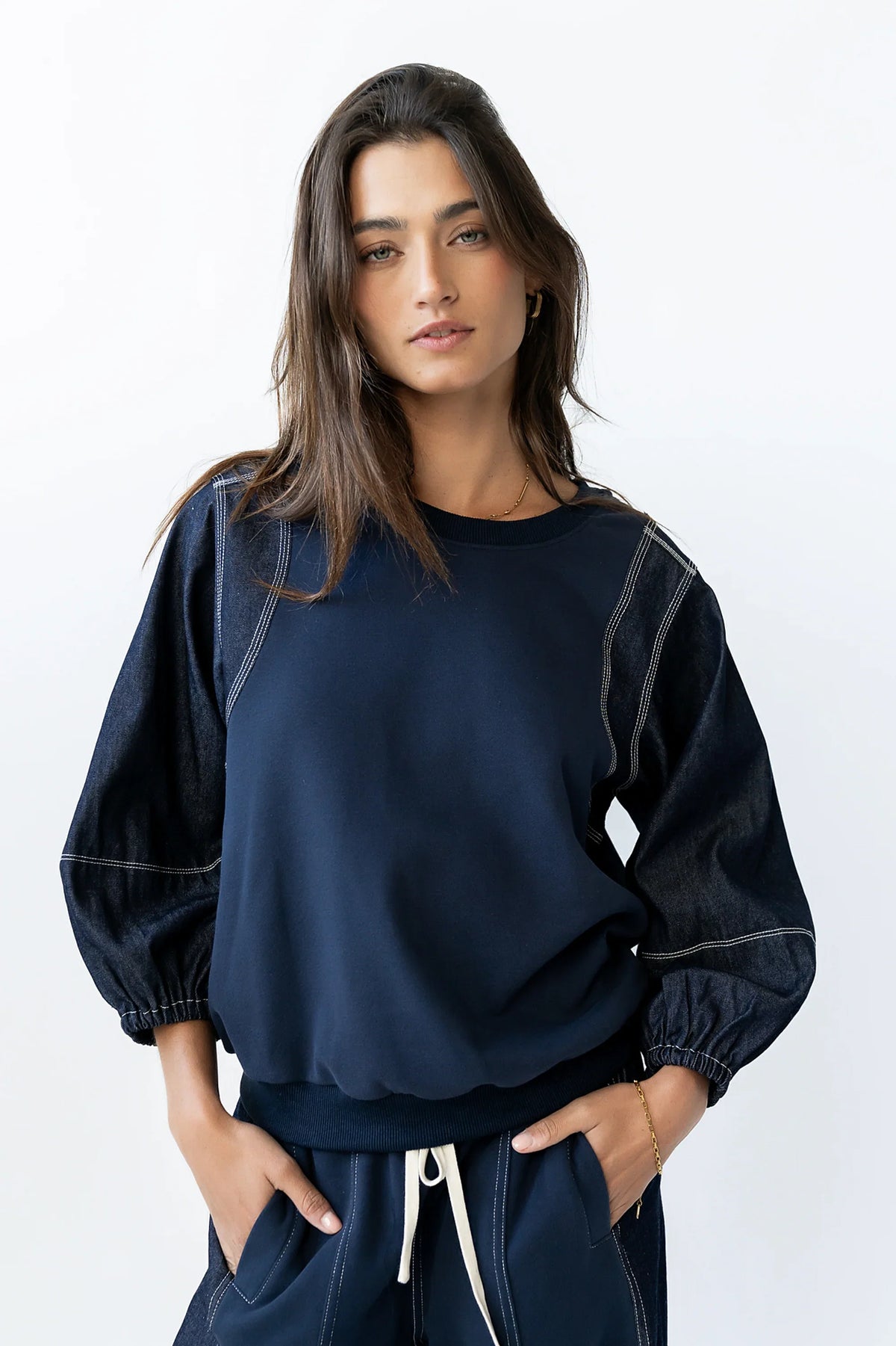 Malinda Mixed Media Top in Dark Wash FINAL SALE
