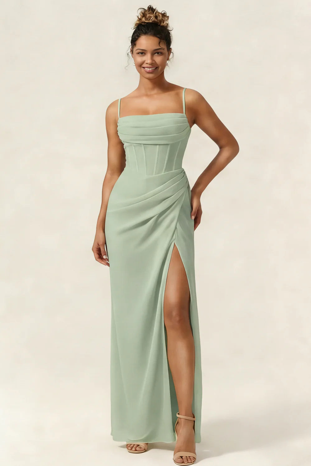 Green Flower Mermaid Corset Chiffon Long Bridesmaid Dress with Slit