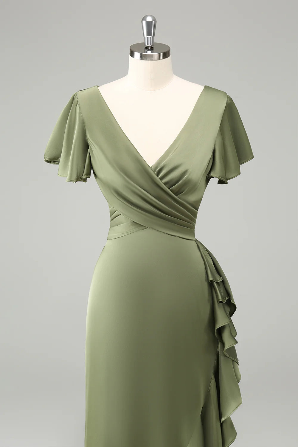 Elegant Olive A Line V Neck Short Sleeves Asymmetrical Bridesmaid Dress with Ruffles