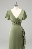 Elegant Olive A Line V Neck Short Sleeves Asymmetrical Bridesmaid Dress with Ruffles