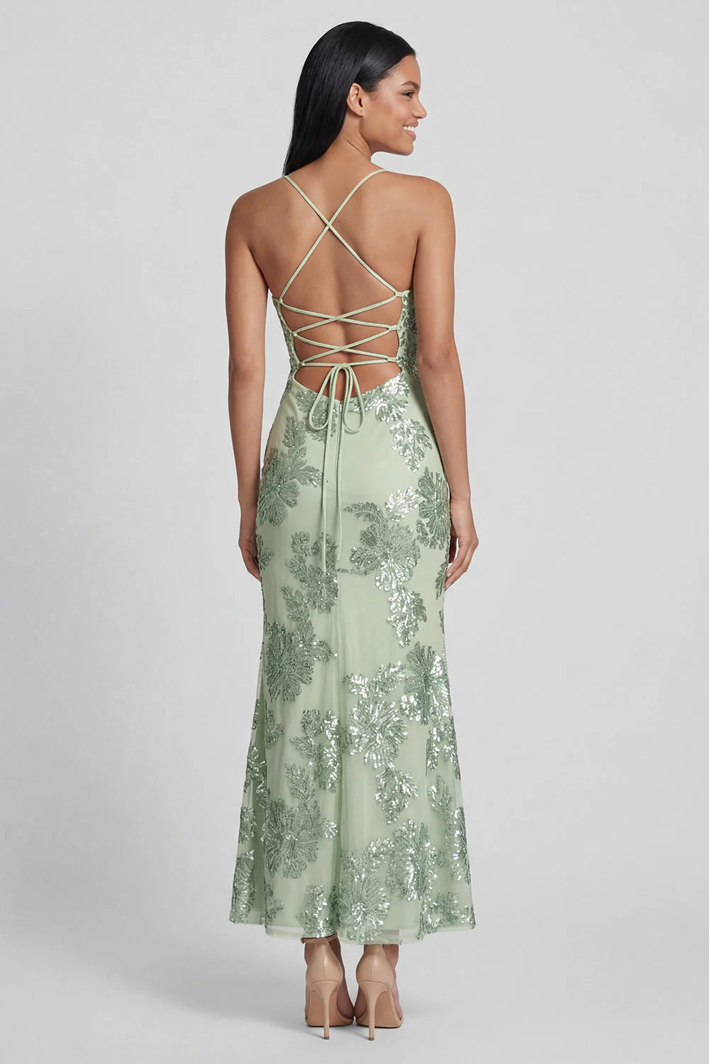 Sage Green Mermaid Floral Wedding Guest Dress with Lace up Back