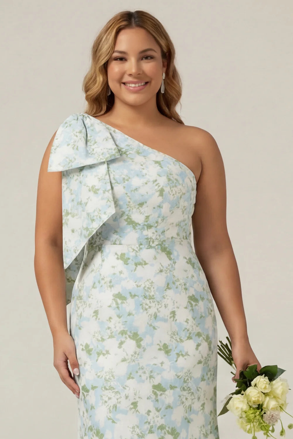 One Shoulder Blue White Flower Print Mermaid Plus Size Bridesmaid Dress with Bow