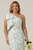 One Shoulder Blue White Flower Print Mermaid Plus Size Bridesmaid Dress with Bow