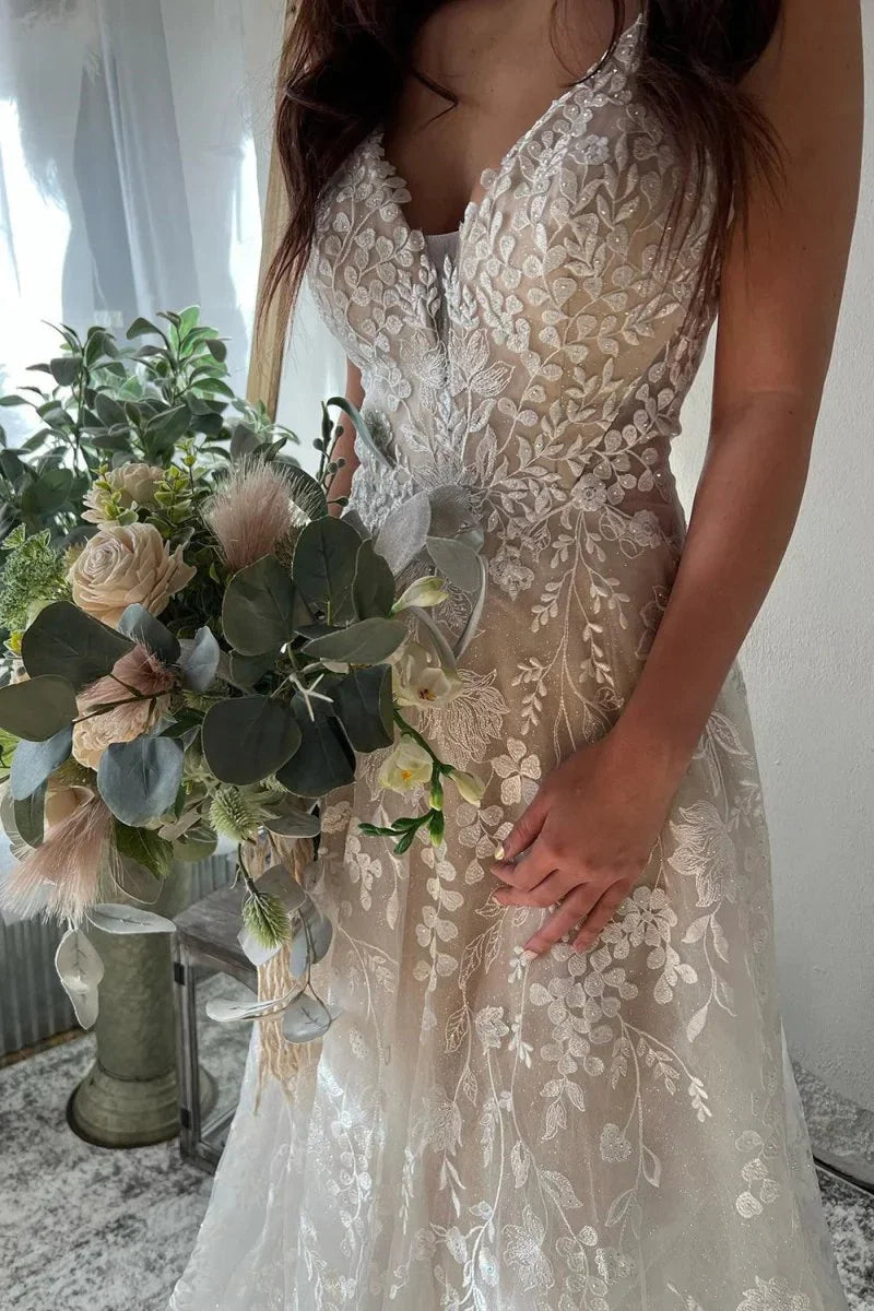 Exquisite A Line V Neck Lace Boho Wedding Dresses