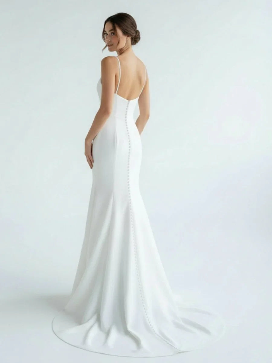 Mermaid White Spaghetti Straps Long Lace Wedding Dress