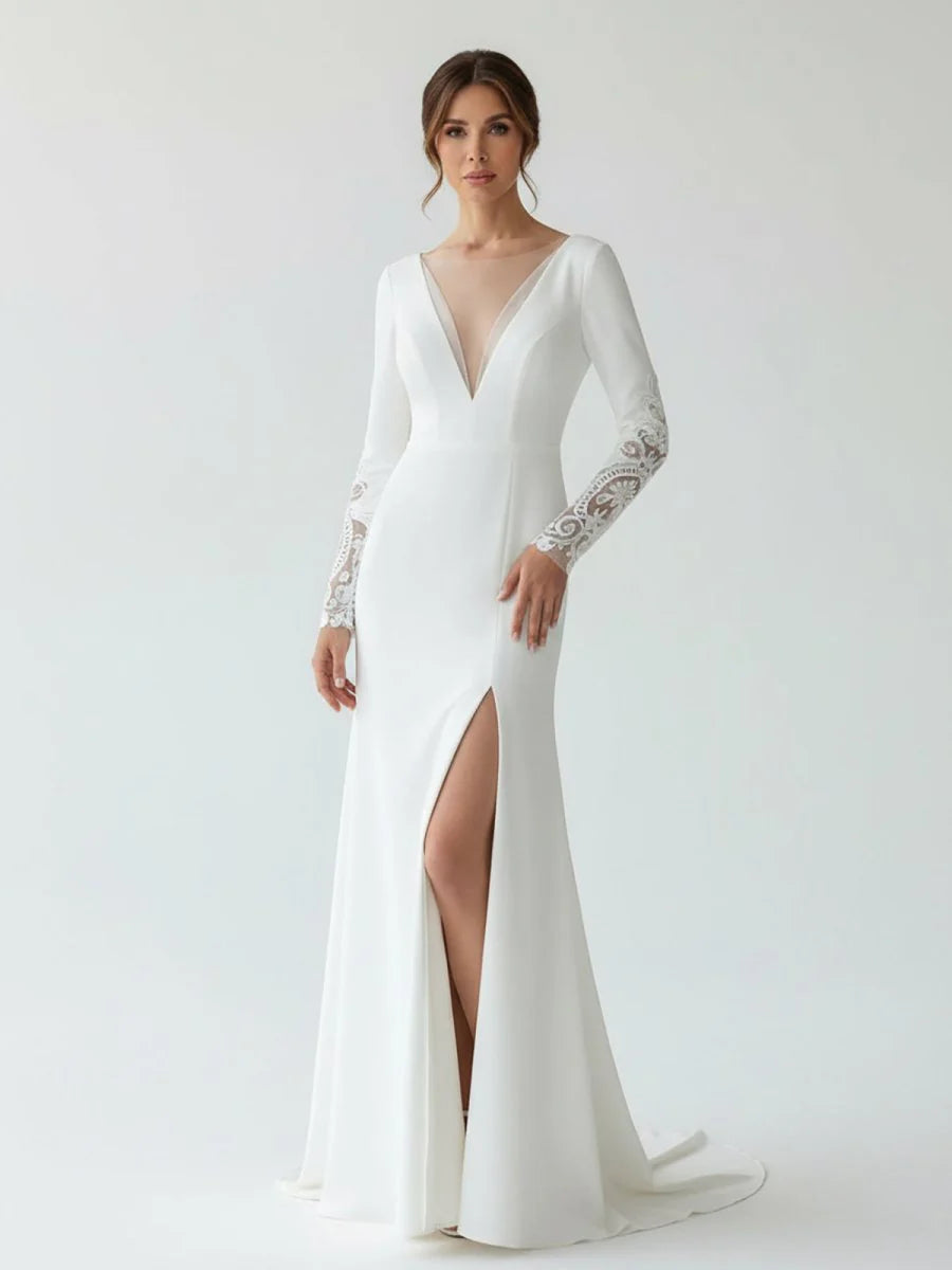 Casual V neck mermaid Sweep Train Long Sleeve Wedding Dress With Slit