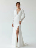 Casual V neck mermaid Sweep Train Long Sleeve Wedding Dress With Slit