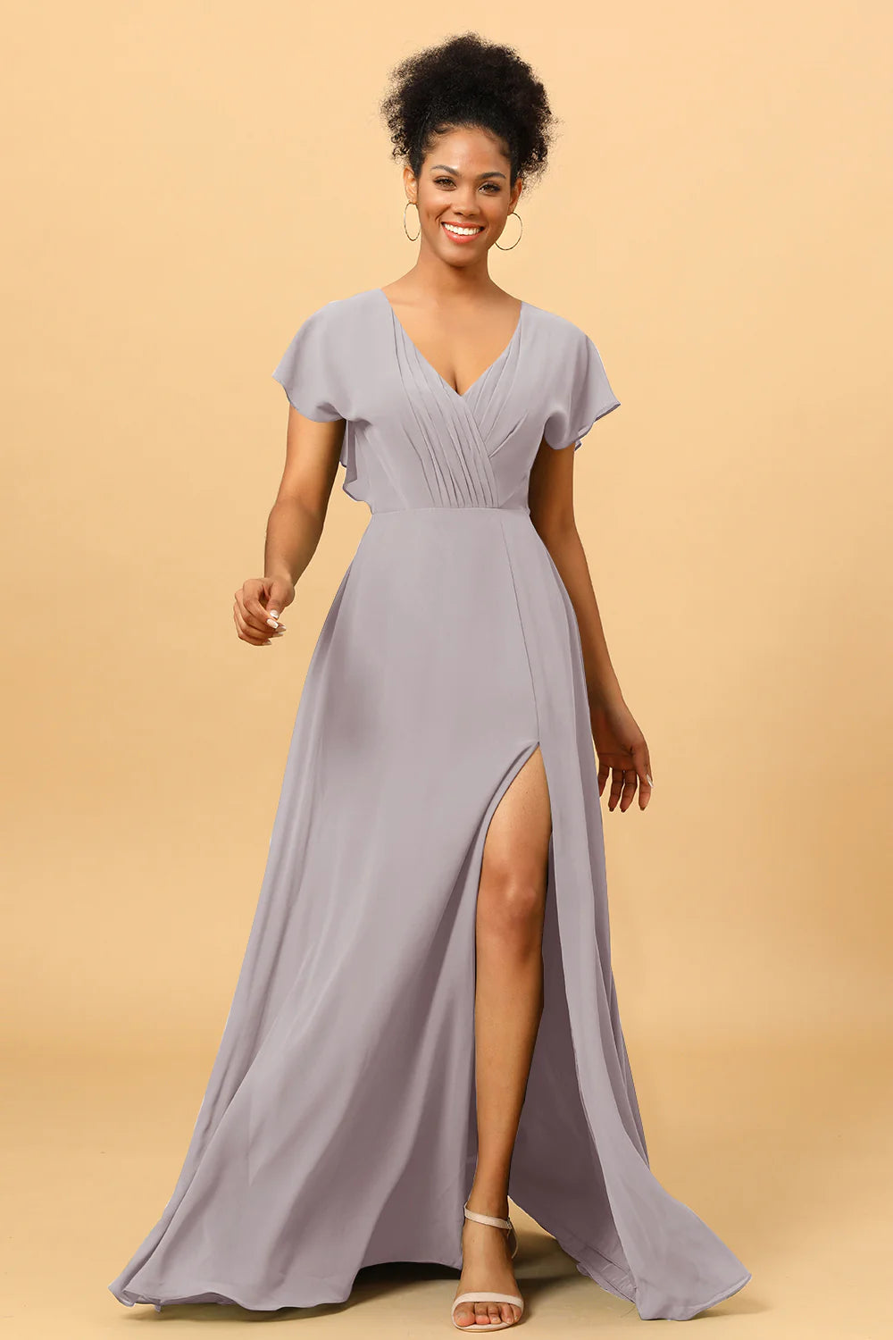 A Line V Neck Ruched Chiffon Bridesmaid Dress with Slit