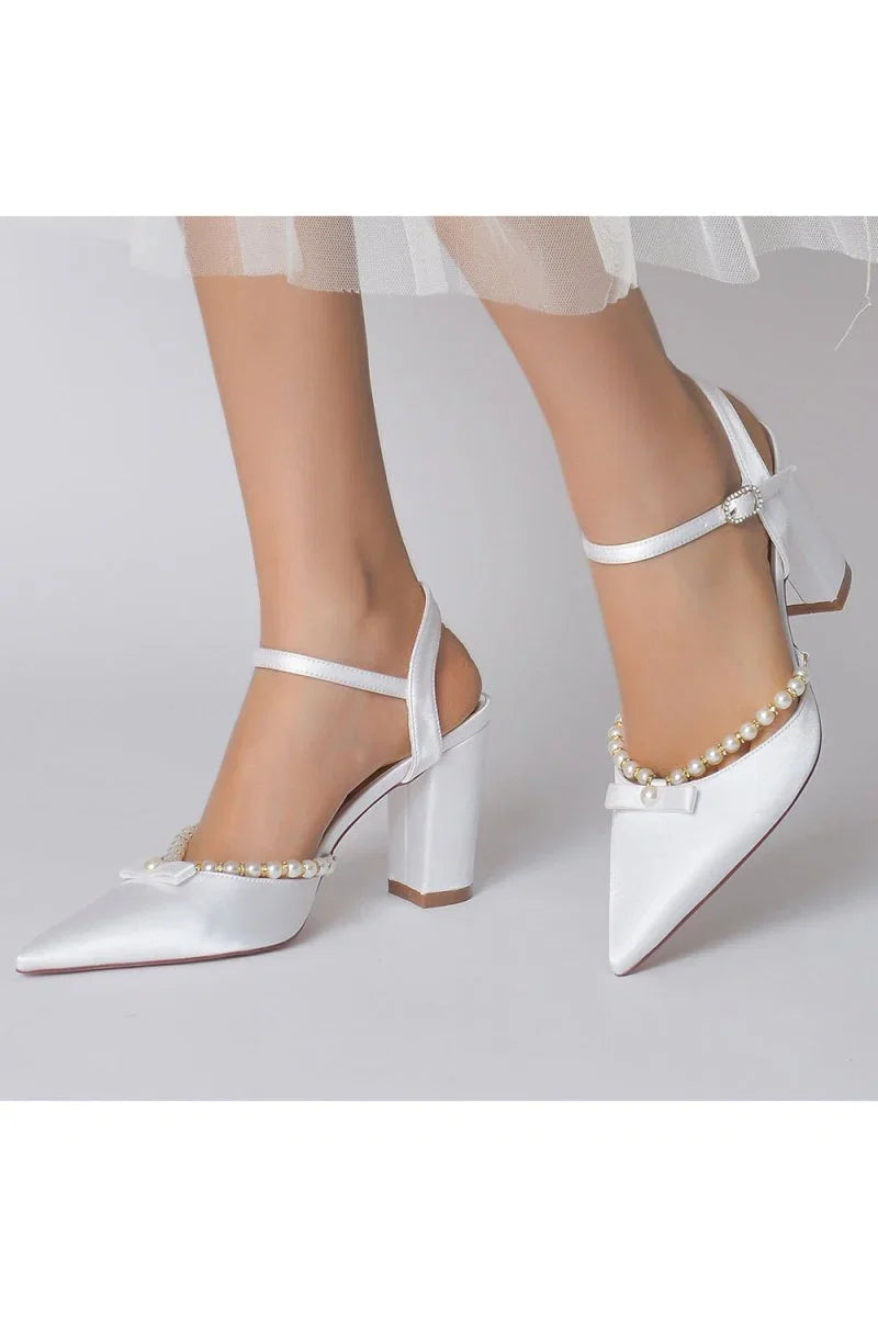 Pearl Pointed Toe Ankle Strap Chunky Heels With Bow