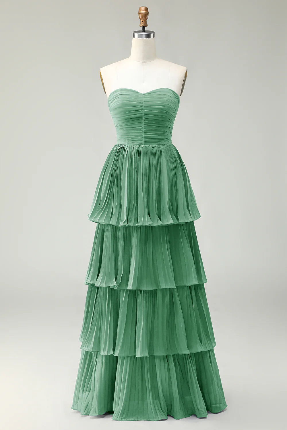Dusty Blue A Line Strapless Pleated Tiered Long Bridesmaid Dress with Ruffles