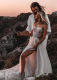 Romantic A Line Sweetheart Tulle Beach Wedding Dresses with Slit