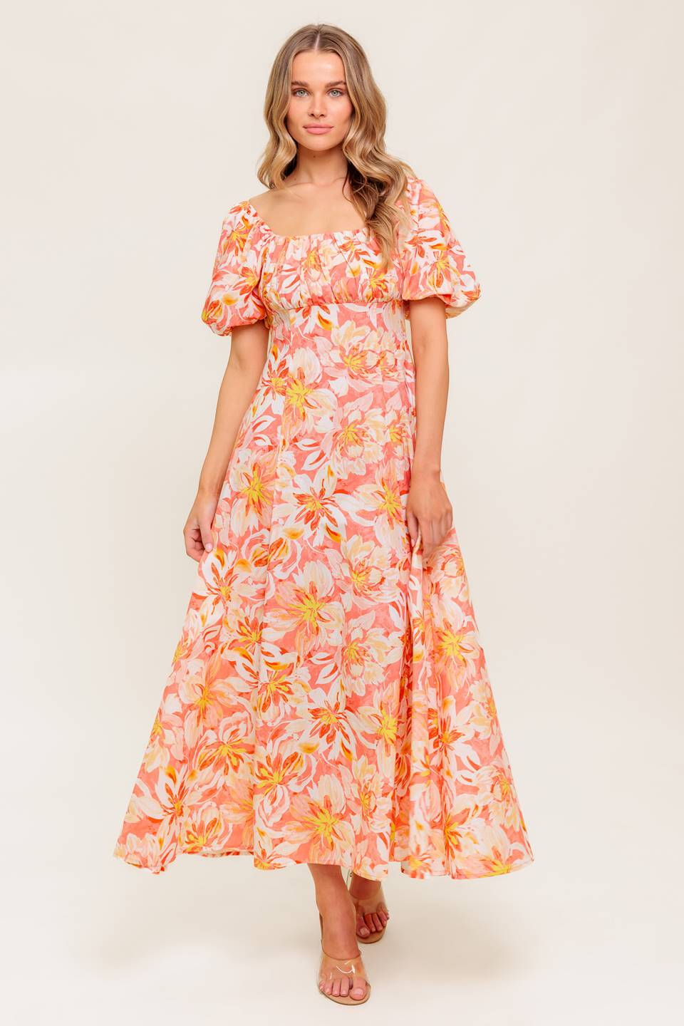 ISLAND FLOWERS PUFF SLEEVE MIDI DRESS CORAL FINAL SALE