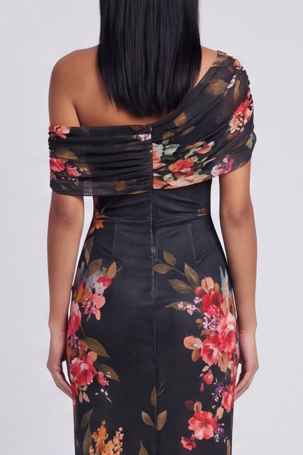 One Shoulder Sheath Ivory Floral Wedding Guest Dress