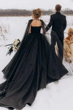 A Line Black Gothic Wedding Dress 3D Flowers Tulle With Cape