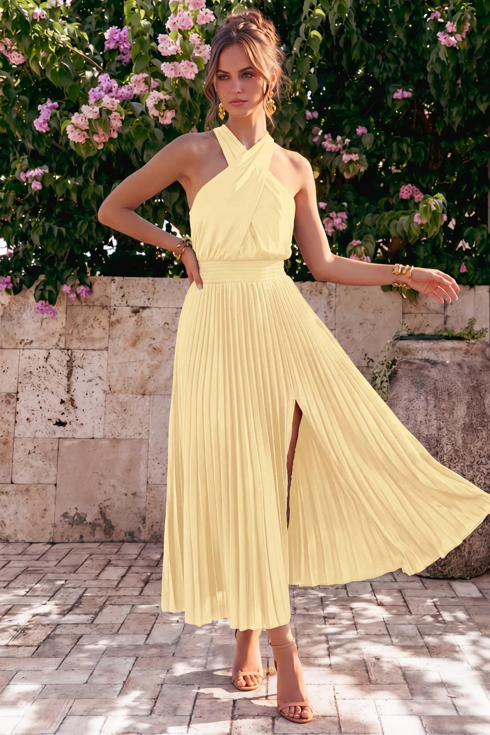 Black Halter Pleated A Line Wedding Guest Dress with Slit