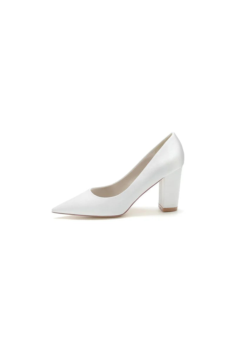 Pointed Toe Slip on Satin Chunky Heels
