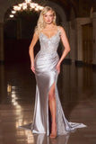 Kendra Gown Silver Dress With Train Skirt Inset Detail