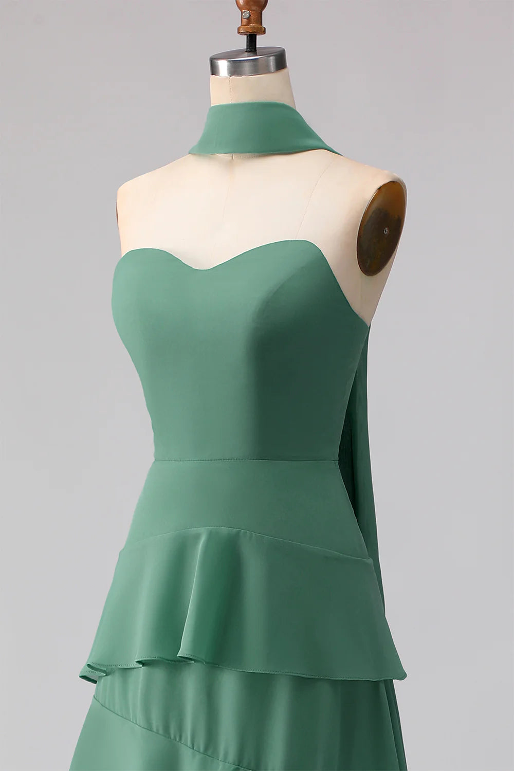 Eucalyptus Sweetheart A Line Tiered Ruffled Long Bridesmaid Dress with Streamer
