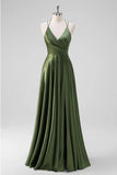 Olive A Line Spaghetti Straps Ruched Satin Long Bridesmaid Dress