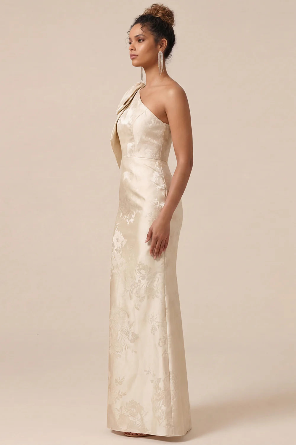 Blush Pink Mermaid One Shoulder Floral Long Bridesmaid Dress with Bow