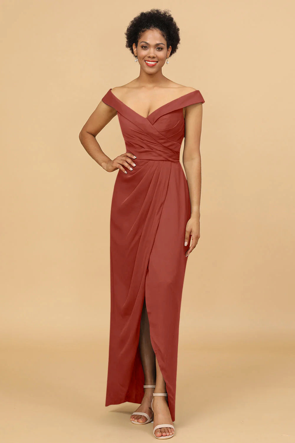 Sheath Column Off The Shoulder Satin Long Bridesmaid Dress