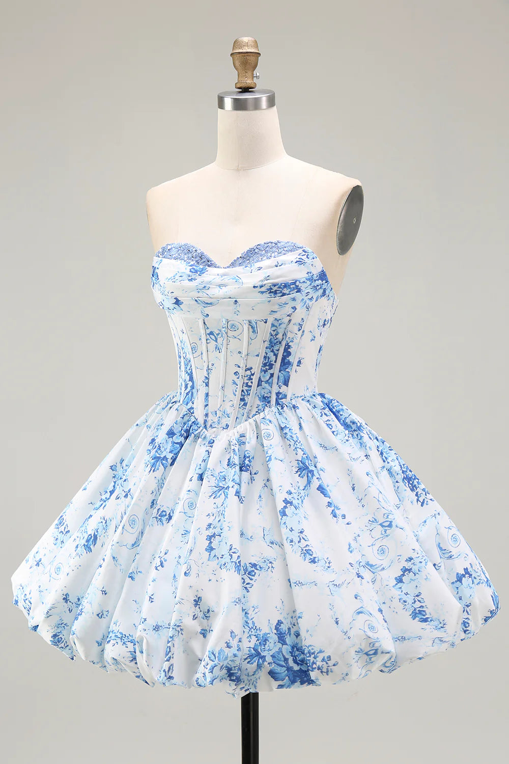 Pink Flower A Line Strapless Printed Homecoming Dress with Beading