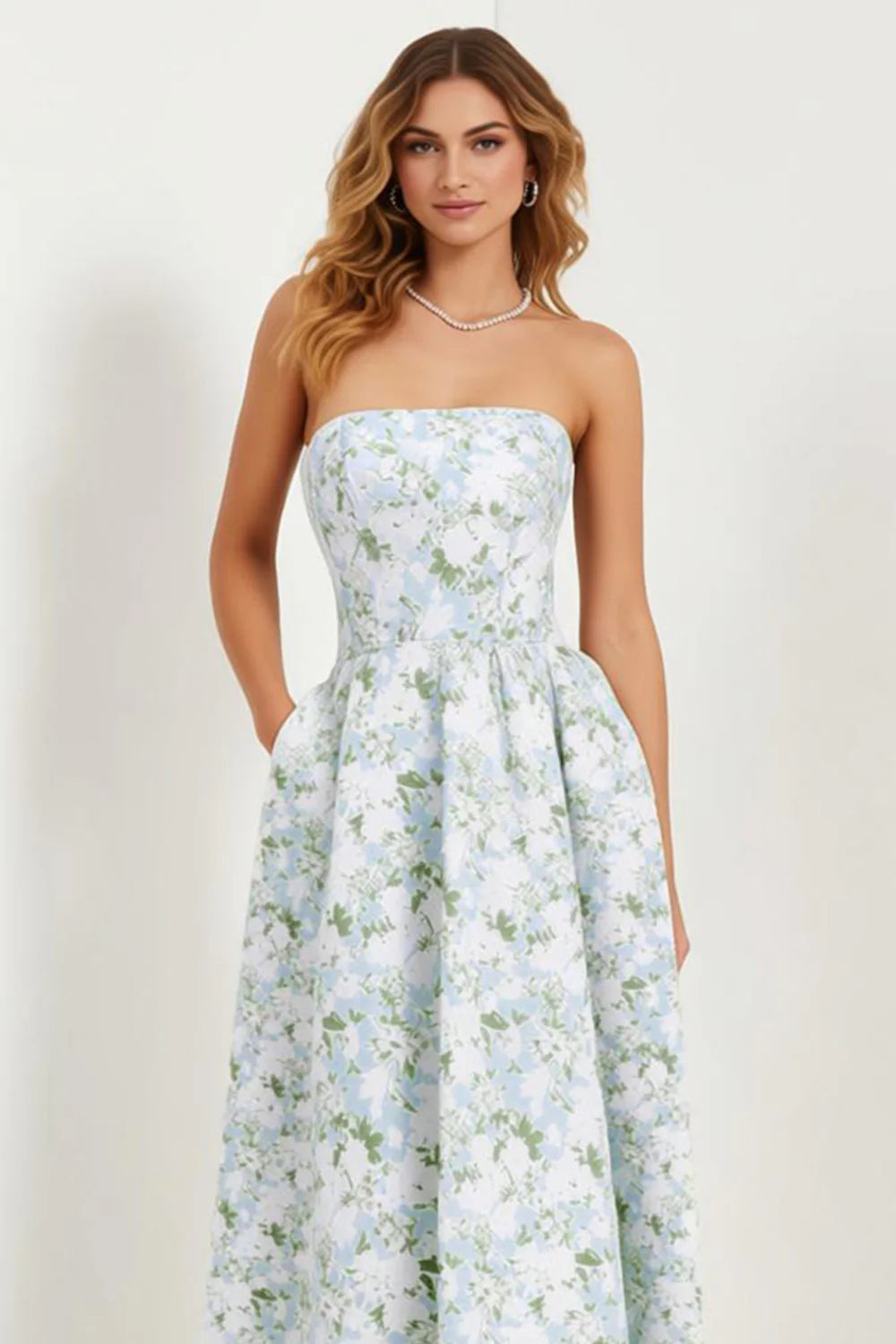 Blue Strapless Print A Line White Floral Long Satin Dress with Pockets