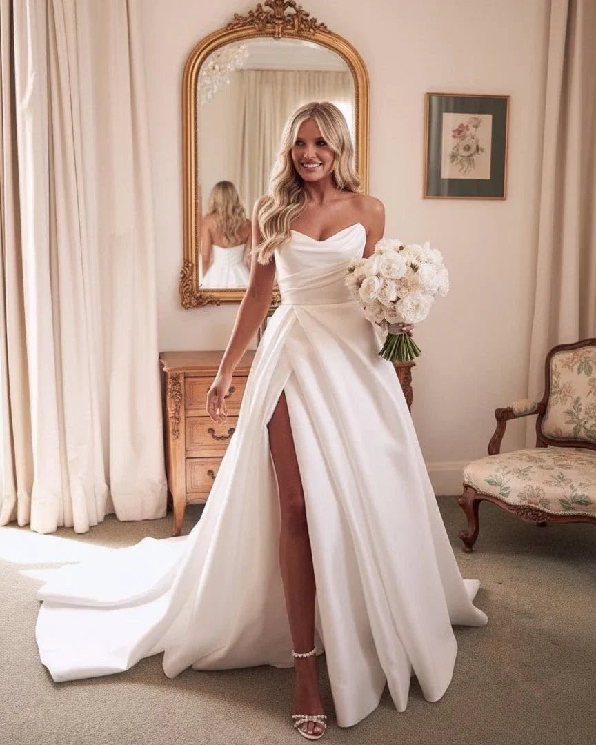 A Line White Sleeveless Satin Wedding Dress With Side Slit