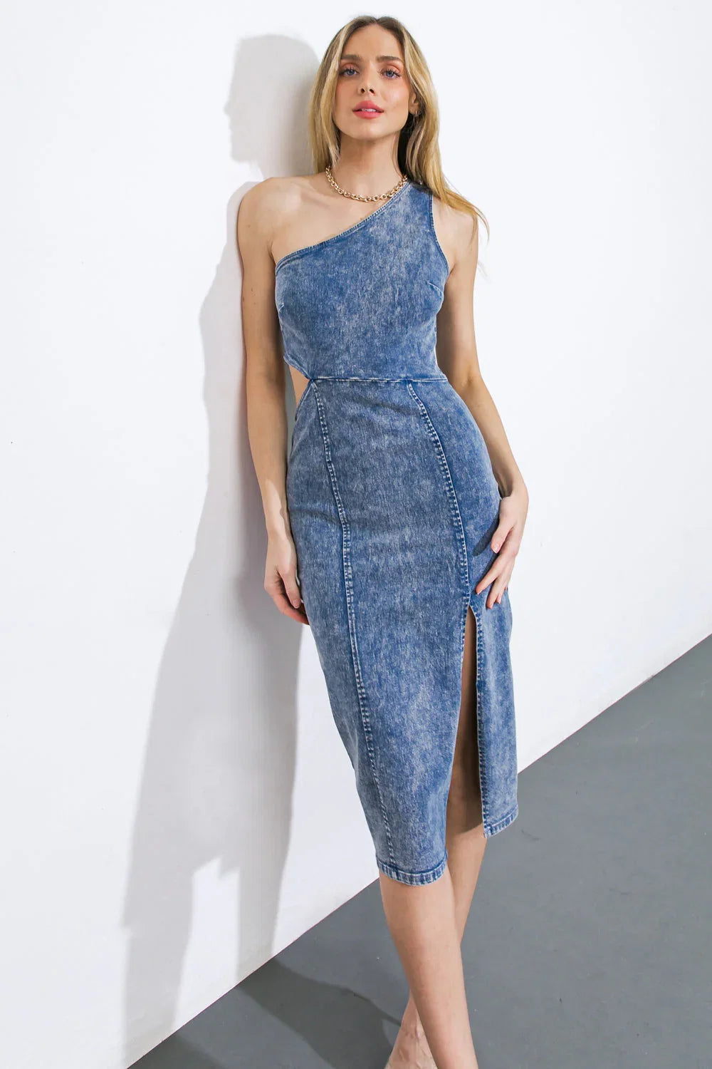 FAMILIAR PATTERNS ONE SHOULDER SIDE CUTOUT DENIM DRESS