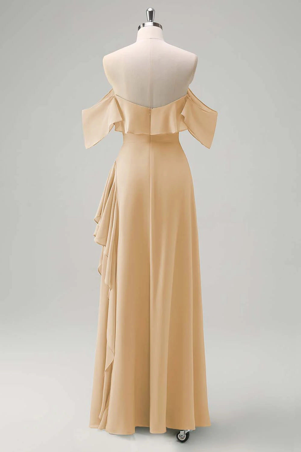 Light Green Sheath Off The Shoulder Chiffon Long Bridesmaid Dress with Ruffle Slit