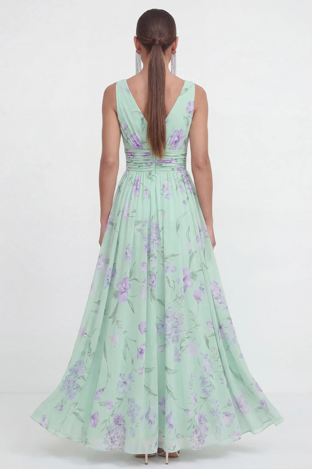 Floral A Line V Neck Sleeveless Blue Wedding Guest Dress