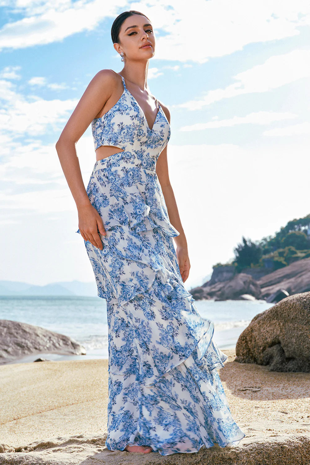 White and Blue Flower A Line Spaghetti Straps Hollow Out Print Bridesmaid Dress