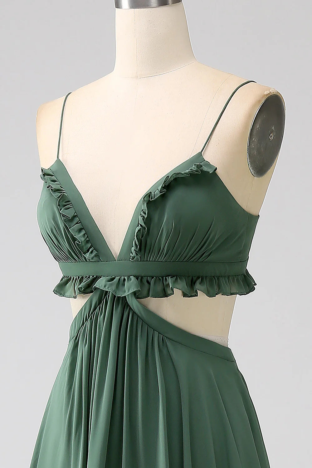 Eucalyptus A Line Spaghetti Straps Backless Chiffon Long Bridesmaid Dress