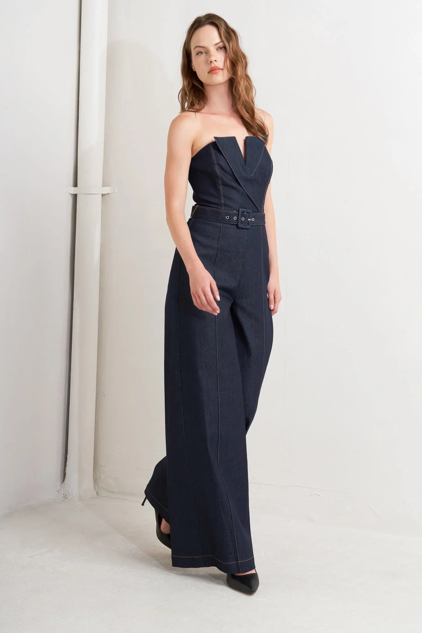 LE BONHEUR V CUT VOW DENIM JUMPSUIT FINAL SALE