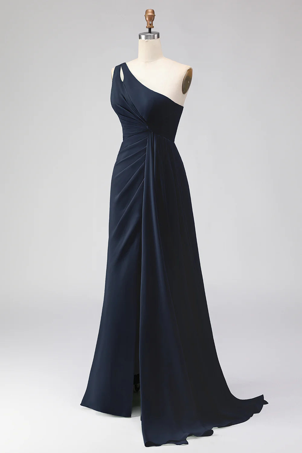 Sage Green One Shoulder A Line Chiffon Long Bridesmaid Dress with Slit