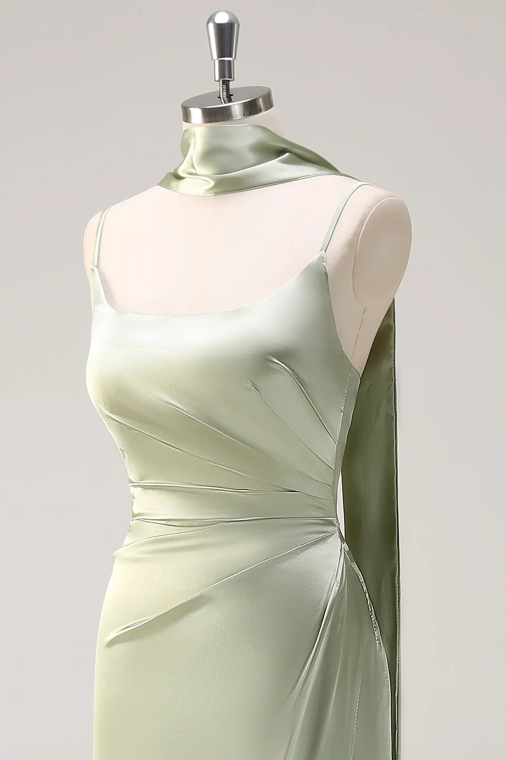 Sage Sheath Spaghetti Straps Streamer Convertible Long Satin Bridesmaid Dress with Slit