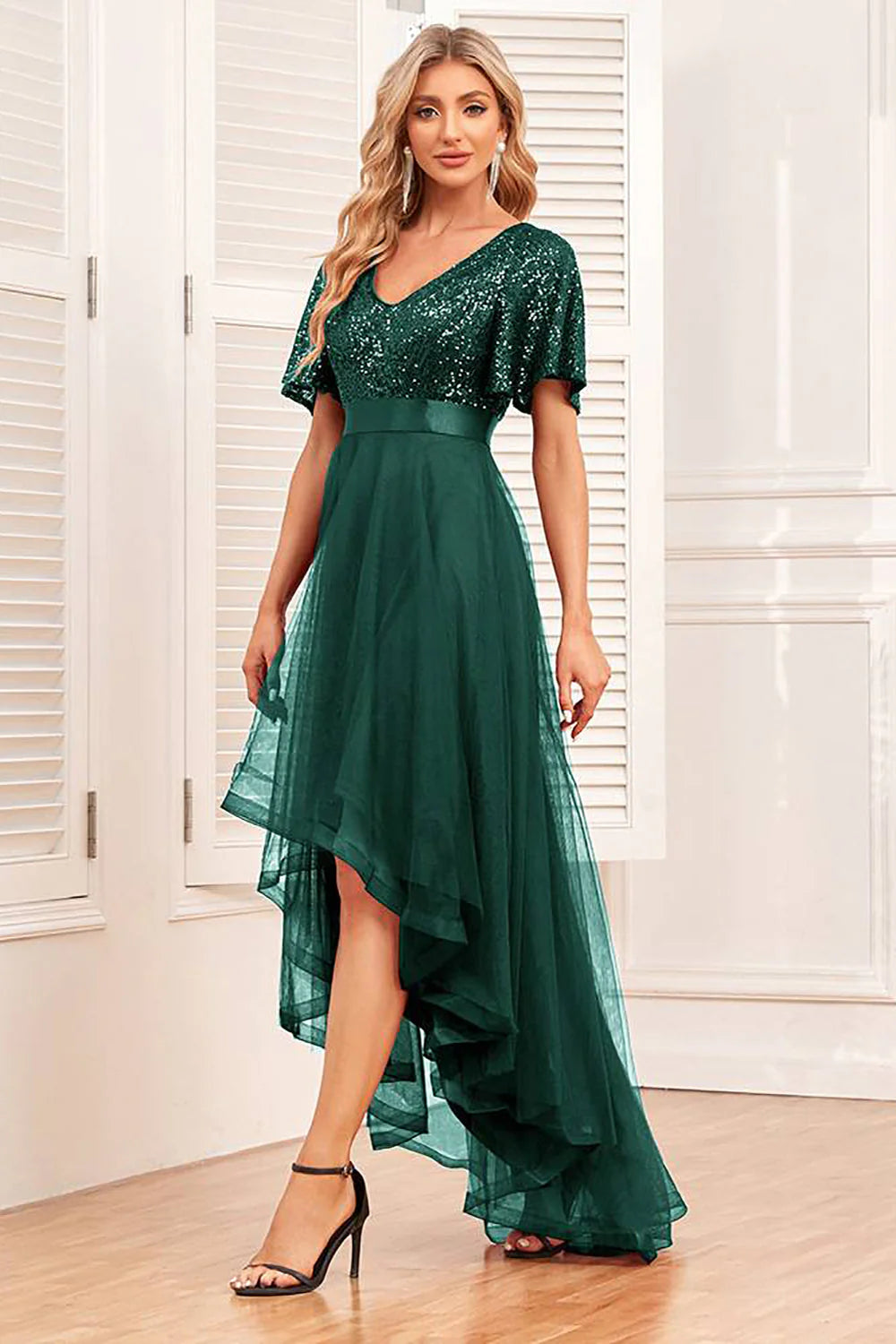 Burgundy A Line High Low Formal Dress with Sequins